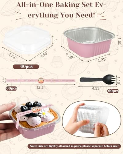YQER 60 Pack 10oz Mini Cake Pans with Lids, Spoons, Stickers - Disposable Square Brownie Baking Cups - Individual Small Aluminum Foil Loaf Tins for Muffin, Ramekins, Cupcake - Catering, Gift, Pink