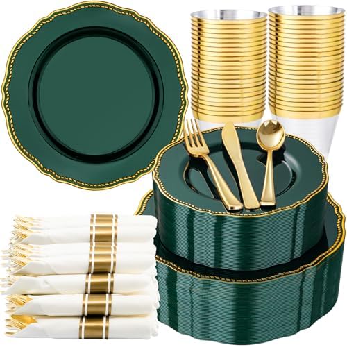 Hioasis 350 Pcs Green Gold Plastic Plates Wedding & Party