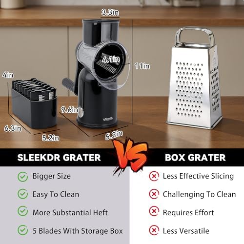 Rotary Cheese Grater with Handle, 5-Blade Cheese Shredder, BPA-Free (Black)