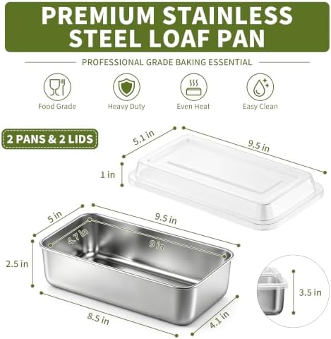 P&P CHEF Loaf Pan with Lid, 9 x 5 Inch Stainless Steel Bread Pan, 2PCS