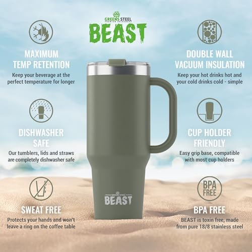 Beast 50 oz Tumbler with Handle Stainless Steel Vacuum Insulated Coffee Ice Cup Double Wall Travel Flask (Army Green)