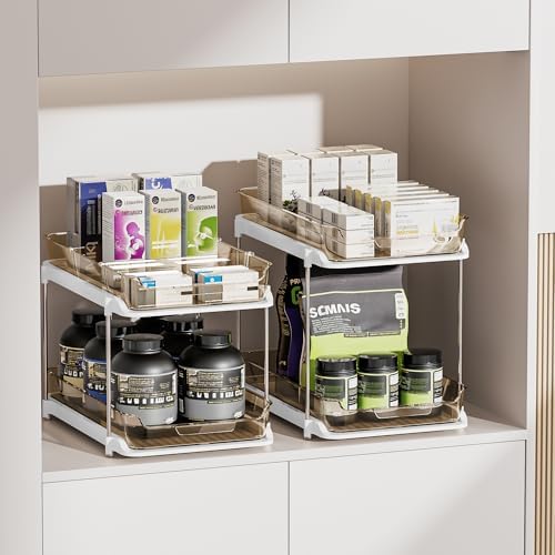 Delamu 2-Tier Multi-Purpose Bathroom Under Sink Organizers and Storage, Stackable Kitchen Pantry Organization, Pull Out Medicine Cabinet Organizer with Movable Dividers, Amber, 2 Pack