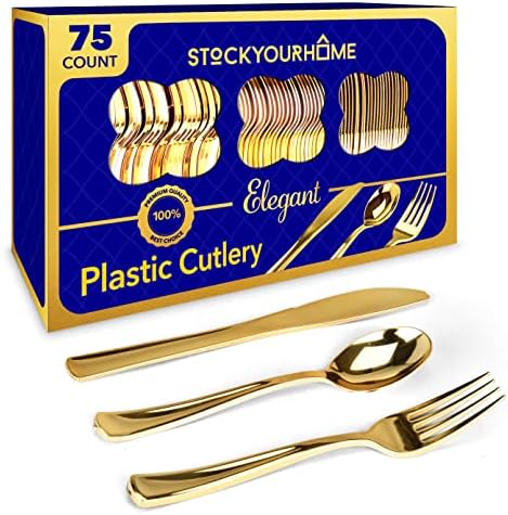75 Pieces Heavy Duty (Gold) Plastic Silverware Set, Disposable Cutlery Set, Great for Parties, Weddings, and Catering, Flatware Utensils Included: 25 Forks, 25 Spoons, 25 Knives, Stock Your Home