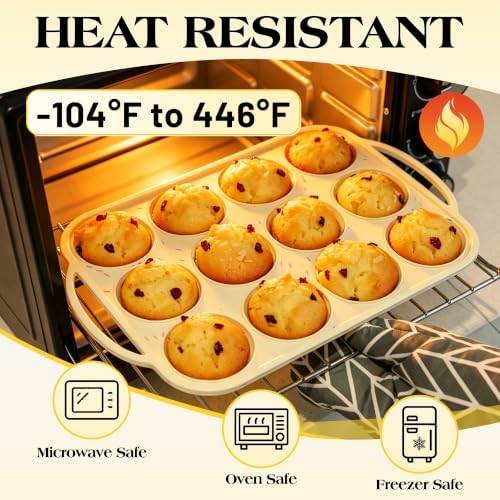 CAKETIME Silicone Muffin Pans for Baking, Metal Reinforced Frame Regular 12 Cups & Mini 24 Cups Cupcake Pan Set Nonstick Muffin Pan for Homemade Baking Easy to Handle