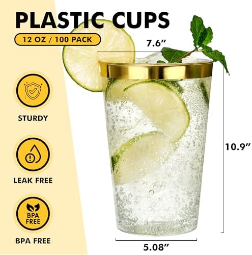 RACETOP 12 oz Gold Rimmed Plastic Cups 100 Pack