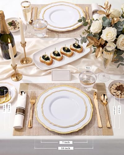 Hioasis 175 Pcs White and Gold Plastic Plates Wedding & Party
