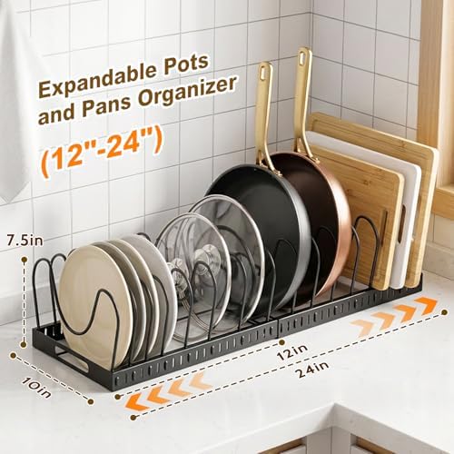 NomNest 2PACK Expandable (12"-24") Pots and Pans Organizer Under Cabinet with 32 Adjustable Dividers for Kitchen, Pot Lid Organizers Inside Cabinet, Pan Lid Holder
