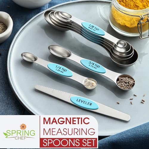 Spring Chef Stainless Steel 8 Magnetic Measuring Spoons, 2 Pack, Aqua Sky