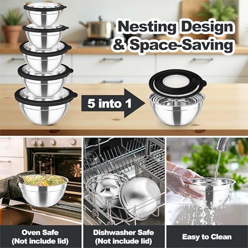 TeamFar Mixing Bowls Set, Stainless Steel Salad Bowl with Lids, Black