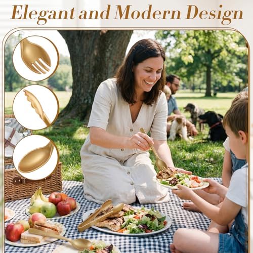 FoldTier 36 Pcs Disposable Plastic Serving Utensils Set Gold Serving Spoons Forks Tongs, Disposable Utensils for Party Weddings Birthday Dinner Buffets Banquets
