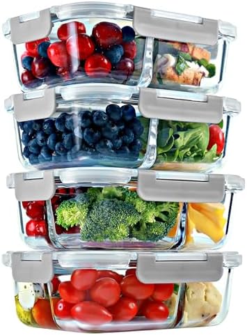 Glass Meal Prep Containers 2 & 3 Compartment, Leak-Proof Lids 32 oz 4 Pack