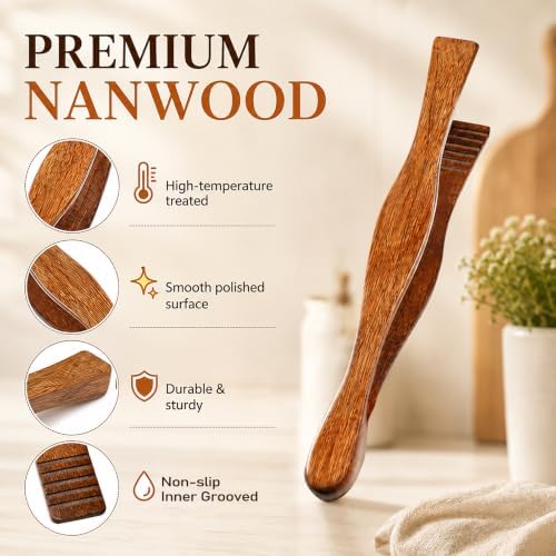 4 Pieces Wooden Toast Tongs 10.4" Reusable Bread Steak Kitchen Clamp Serving Tool Natural Wood Cooking Tong for Cooking and Holding Toast Cheese Bacon Muffin Fruits Bread BBQ