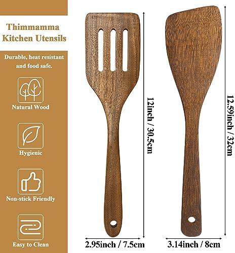 Wooden Spatula Nonstick Turner Acacia Wood, 12" Long Handle Flat Frying Spatulas Handmade for Kitchen Gifts, Ideal Cookware Utensils for Cooking Eggs, Fish, Pancakes, 2 Pack
