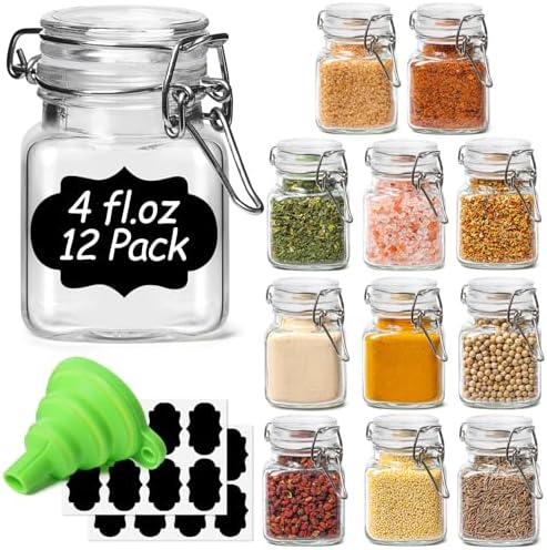 ComSaf Square Glass Spice Jars 4 oz 12 Pack with Labels and Funnel Set