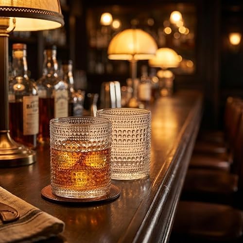 OLULU Cocktail Glasses 10 oz Set of 2, Glass Hobnail Drinking Glasses, Vintage Glassware Textured Bubble Glass Cups, Old Fashioned Glasses for Kitchen and Home Bar