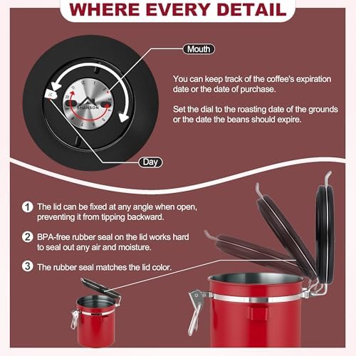 ShanSon Coffee Canister Airtight, Stainless Steel Bean Storage Container with Date Tracker & Scoop, Grounds Sugar Flour Tea Cereal Fits Kitchen Pantry, Ideal Gift for Coffee Lovers,16oz,Red