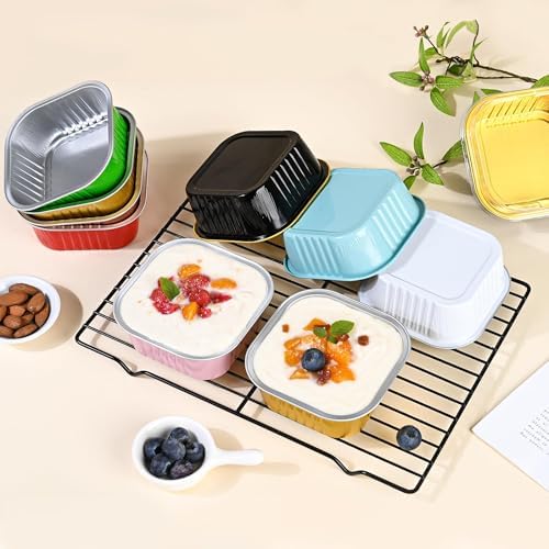 40 Pack Mini Cake Pans with Lids, 5oz Square Aluminum Foil Brownie Baking Cups, Muffin Tin Ramekins, Disposable Dessert Cupcake Cups for Wedding Birthday Party, Champagne