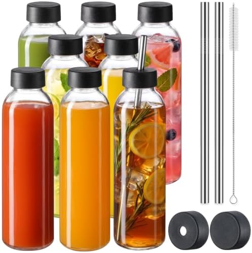 [UPGRADED LID] 8 Pack 18 oz Glass Juice Bottles with 8 Airtight Lids &2 Straw Hole Lids &2 Straws, Reusable Drinking Jar, Clear Water Bottles for Juicing, Smoothies, Refrigerator & Travel - BPA Free
