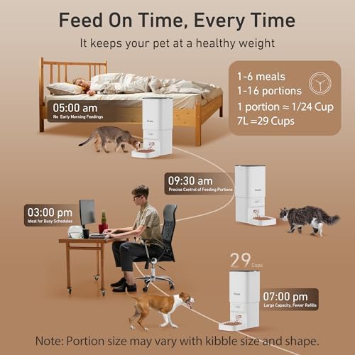 Automatic Cat Feeder - 7L/29 Cups Cat Food Dispenser with Desiccant Bag, 1–6 Meals, Ideal for 2–15mm Dry Food, Auto Pet Feeder with Dual Power Supply, Automatic Dog Feeder for Small Medium Breed