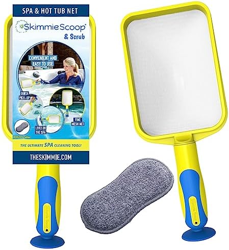 The Skimmie Scoop - Patented Handheld Skimmer with Fine Mesh Net for Spa, Hot Tub, Cold Plunge and Small Pool Cleaning - Lightweight and Durable with Powerful Suction Cup - Clean Out Filter (Yellow)