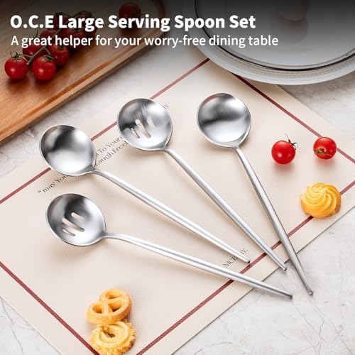 O.C.E. 4 Pieces Serving Spoons Set, 10.3-Inch Large Serving Spoon, Including 2 Spoon and 2 Slotted Spoons, Stainless Steel Flatware Serving Set, for Buffet, Banquet or Gift, Matte Silver