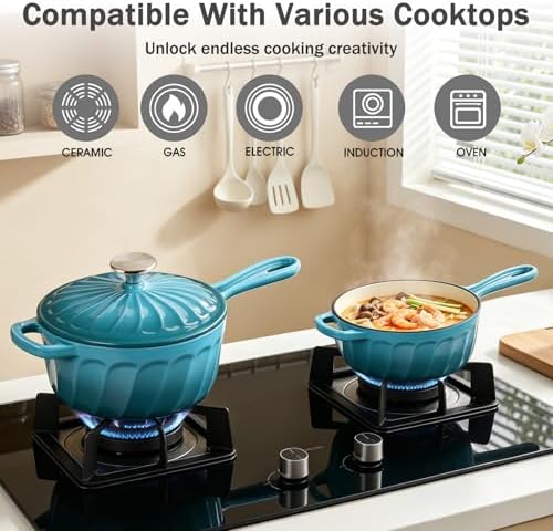 Enameled Cast Iron Sauce Pan with Lid, 1 Quart Saucepan with Lid