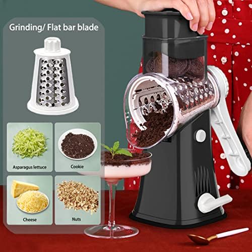 Rotary Cheese Grater Shredder 5-in-1 Tumbling Box Mandoline Vegetable Julienne Slicer Waffle Cutter Nut Chopper, Black