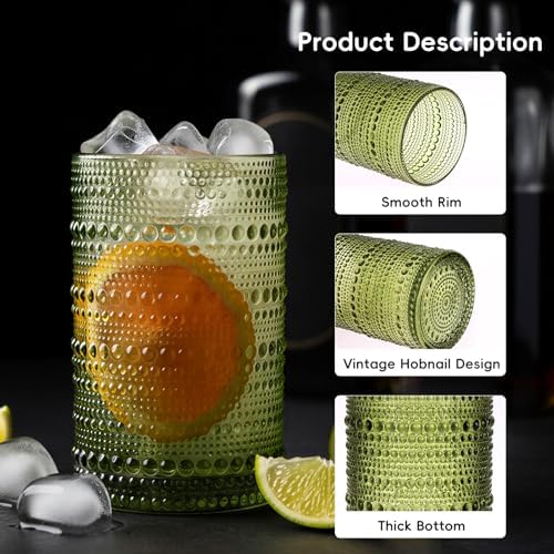 Moretoes Vintage Hobnail Drinking Glasses Set of 12 Green Water Glass Cups
