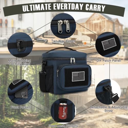 FlowFly Lunch Bag, Insulated Cooler, Thermal Lunch Box Tote with MOLLE/PALS Webbing, Adjustable Padded Shoulder Strap, for Tactical Men Women Adults and Boys Girls Kids (Cyan, Medium)
