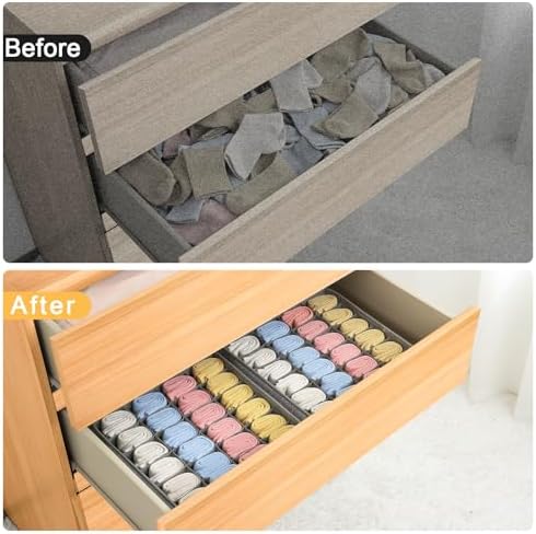 Joyoldelf Sock Drawer Organizer Divider Underwear Organizer 24-cell Fabric Dresser Drawer Organizers Storage Boxes for Socks Lingerie, Handkerchiefs, Ties 4 Pack (Gray)