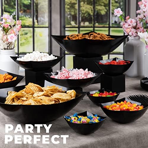 PLASTICPRO Disposable Square Serving Bowls, Party Snack or Salad Bowl, Plastic Black Pack of 4, 64 OUNCE, Black