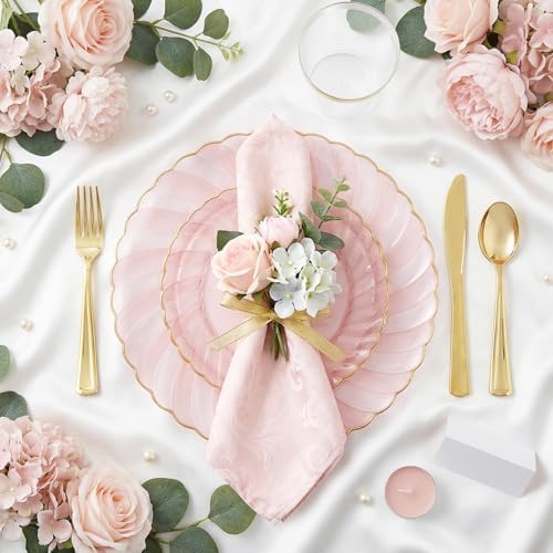 YOUBET 125Pieces Clear Pink Plastic Plates with Gold Rim - Gold Plastic Silverware Include 25 Dinner Plates 25 Dessert Plates 75 Golden Silverwares for Wedding Birthday & Parties Easter Mothers Day