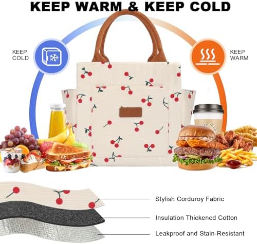 Joymee Lunch Bag Women Leakproof Cute Reusable Lunch Bag - Corduroy Cherry