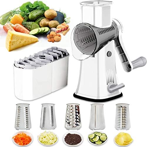 Rotary Cheese Grater Shredder 5-in-1 Tumbling Box Mandoline Vegetable Slicer Waffle Cutter Nut Chopper, White