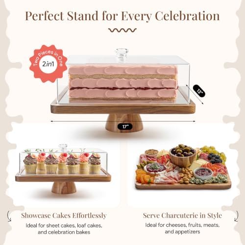 HOMESPHERE Acacia Wood Cake Stand with Lid, 2-in-1 Charcuterie Board, 17x13