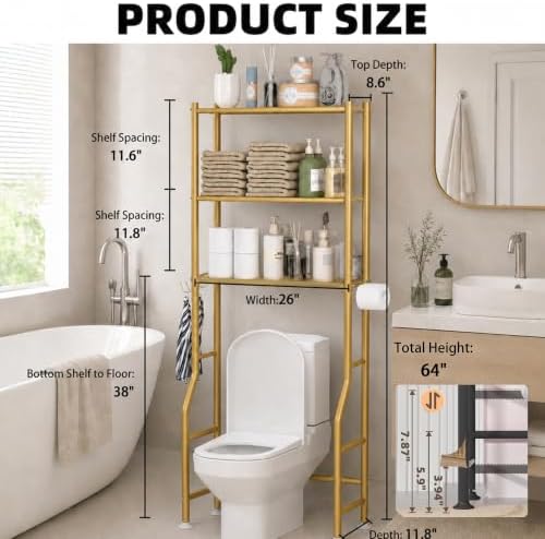 GloTika 3-Tier Over Toilet Storage, Anti-Tilt, 64" H, Gold