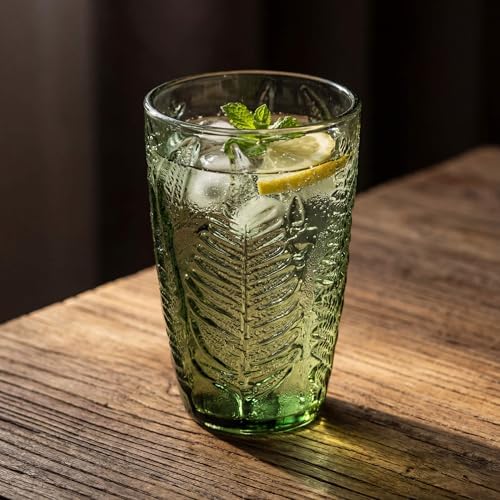 Vintage Green Drinking Glass, 12 oz Hand-Pressed Deep Textured Glass Cup, Fern Embossed Retro Glassware, Decorative Tumbler for Water, Cocktails & Juice, Boho Colored Kitchen Drinkware, Unique Gift
