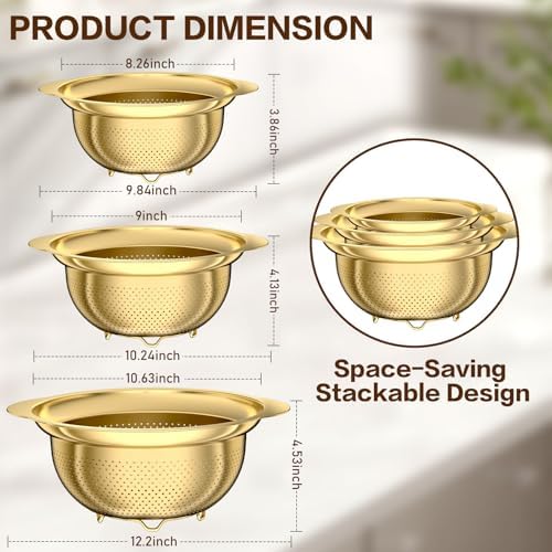 Stainless Steel Strainers for Kitchen, Stainless Steel Colander, Kitchen Strainer for Pasta Fruits Vegetables, 3 Pack Strainers and Colanders(5QT, 3QT, 2QT), Rust-Proof & Dishwasher Safe, Gold
