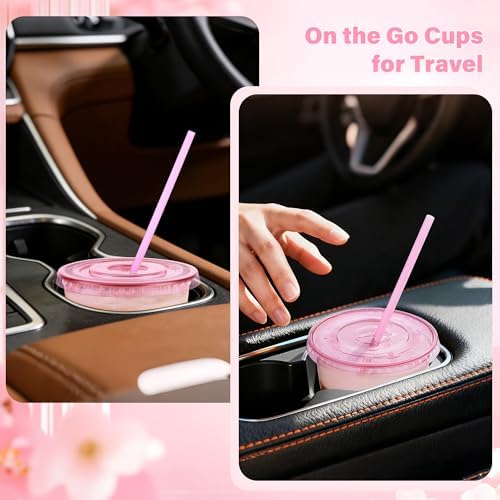 tchrules 100 Set 12oz Pink Plastic Disposable Cups with Lids and Straws