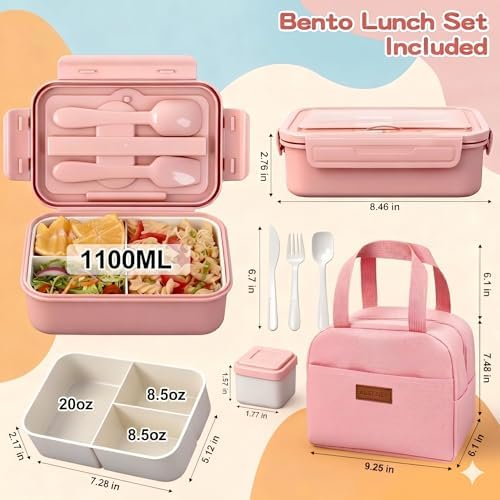 Bento Box with Lunch Bag for Women & Girls, 1100ml BPA-Free Pink