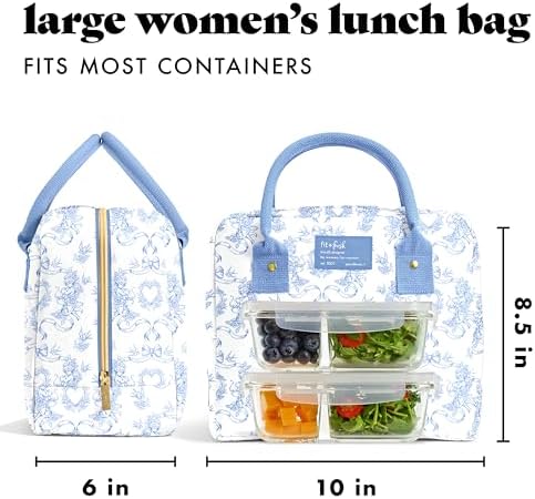 Fit & Fresh Bloomington Lunch Bag for Women - Insulated Large Lunch Box for Work with Containers, Leak-Resistant, Stain-Resistant, Zipper Closure, Blue Cupid Bows
