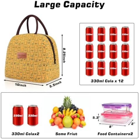 BALORAY Lunch Bag for Women Men Adult Lunch Box (Corduroy Yellow Cat), M