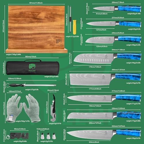 FULLHI 15pcs Japanese Knife Set with Magnetic Knife Block Holder, Japan Stainless Steel Blades, Blue Resin Ergonomic Handles for Professional and Home Cooking