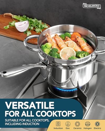 MICHELANGELO 1.5 Quart Saucepan with Steamer, Stainless Steel Saucepan with Lid, Triply Bottom Induction Compatible, Multipurpose Sauce Pot, Dishwasher Safe