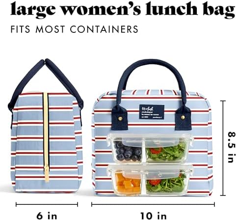 Fit & Fresh Bloomington Lunch Bag for Women - Insulated Large Lunch Box for Work with Containers, Leak-Resistant, Stain-Resistant, Zipper Closure, Rowing Stripe Blue