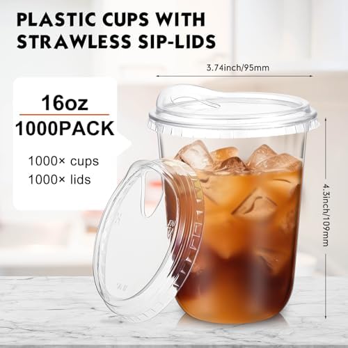 Baderke 1000 Pcs Round Bottom Plastic Cups with Lids Clear Togo,16 Oz