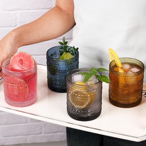 Cocktail Glasses 10 oz Hobnail Drinking Glasses Set of 6, Vintage Glassware, Textured Glass Cups Bubble Glasses Water Glasses Old Fashion Jupiter Glasses Set, clear