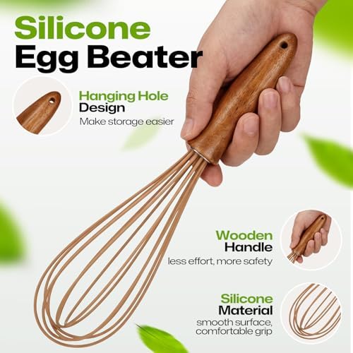 AIUHI Silicone Whisk with Wood Handle, 11.2" Balloon Egg Beater, Lightweight Kitchen Whisk for Blending Batter, Cream & Sauces