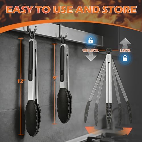 TACGEA Stainless Steel Kitchen Tongs with Silicone Tips, Locking Grilling Food Tongs, 9" and 12", Set of 2 Black