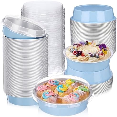 Yinder 120 Pcs 8oz Disposable Mini Pie Pans/tins with Lids Tart Pans, Small Cake Pan Round Containers Aluminum, 4 Inch Mini Cake Pan for Quiche Cheesecake Container Oven Bake Sale(Sky Blue)